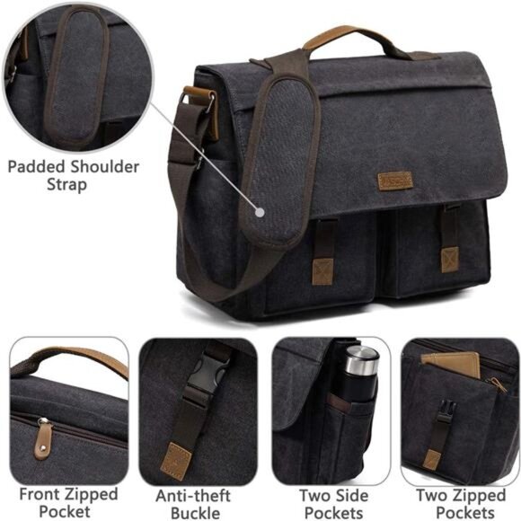 Messenger Bag for Men,Vintage Water Resistant Canvas Satchel 14 15.6 17inch - Picture 5 of 7